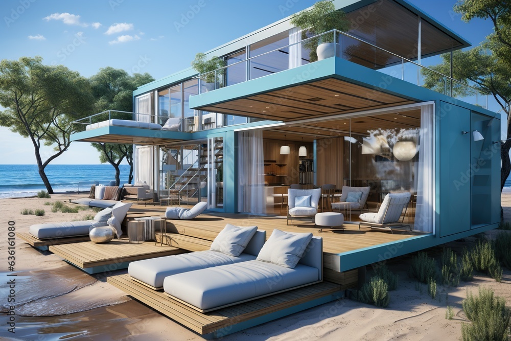 container beach house, highlighting its mobility. Showcase how it can be easily transported to coastal destinations, offering a compact yet comfortable escape by the sea.Generated with AI container beach house, highlighting its mobility. Showcase how it can be easily transported to coastal destinations, offering a compact yet comfortable escape by the sea.Generated with AI