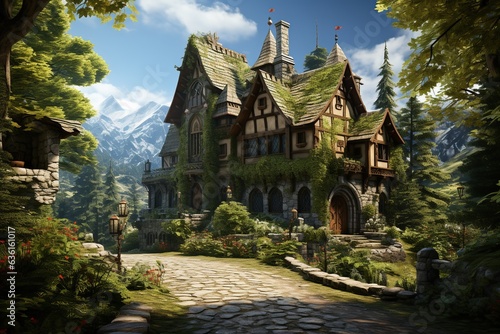 bold American Tudor-style house with steeply pitched roofs, half-timbering, and medieval-inspired elements. Highlight its unique character and the cozy, storybook atmosphere.Generated with AI © Chanwit