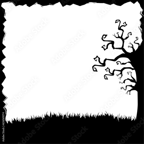 Halloween illustration with silhouettes of trees, grass