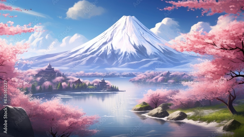 Snow-covered mountains, peaceful meditation, cherry blossoms blooming.