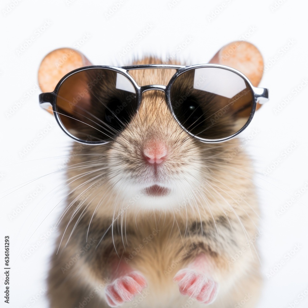 close-up of Mouse with sunglasses on white background