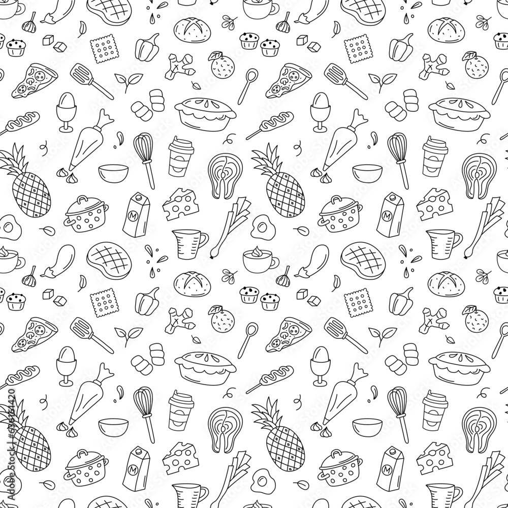 Cooking doodle black and white  seamless pattern. Kitchen elements vector background. Cute repeat outline illustrations with utensils, kitchenware, food, meal ingredients. Fruits, vegetables