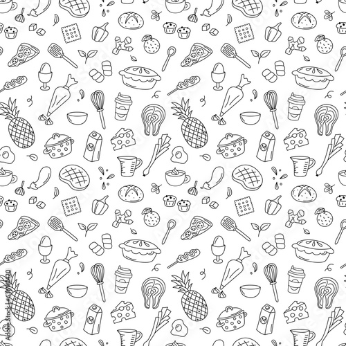 Cooking doodle black and white  seamless pattern. Kitchen elements vector background. Cute repeat outline illustrations with utensils, kitchenware, food, meal ingredients. Fruits, vegetables