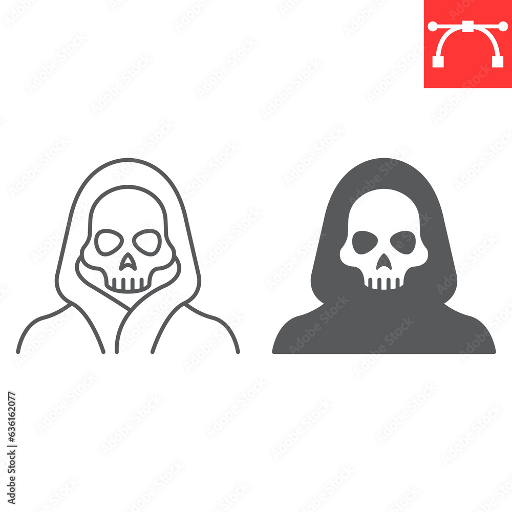 Grim reaper line and glyph icon, halloween and holiday, dead vector icon, harbinger of death vector graphics, editable stroke outline sign, eps 10. Grim reaper line and glyph icon, halloween and holiday, dead vector icon, harbinger of death vector graphics, editable stroke outline sign, eps 10.