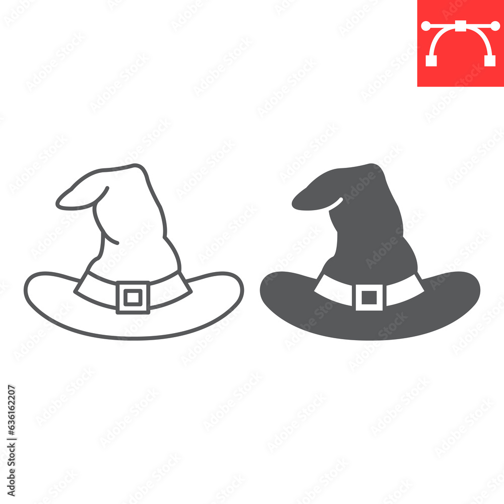 Witch hat line and glyph icon, halloween and holiday, halloween hat vector icon, accessories vector graphics, editable stroke outline sign, eps 10. Witch hat line and glyph icon, halloween and holiday, halloween hat vector icon, accessories vector graphics, editable stroke outline sign, eps 10.