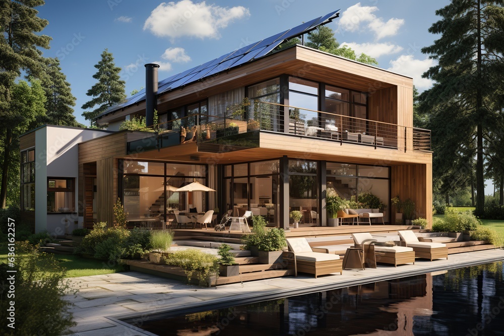 Fototapeta premium modern, energy-efficient home with passive design principles, such as strategic orientation, natural ventilation, and thermal insulation, to reduce energy consumption. Generated with AI