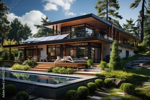 modern, energy-efficient home with passive design principles, such as strategic orientation, natural ventilation, and thermal insulation, to reduce energy consumption. Generated with AI © Chanwit