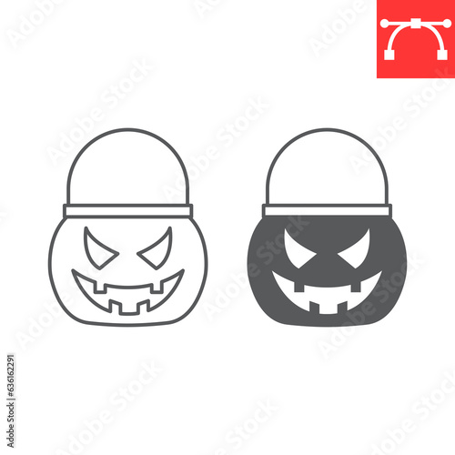 Halloween basket line and glyph icon, halloween and holiday, halloween bucket vector icon, creepy bag vector graphics, editable stroke outline sign, eps 10.
