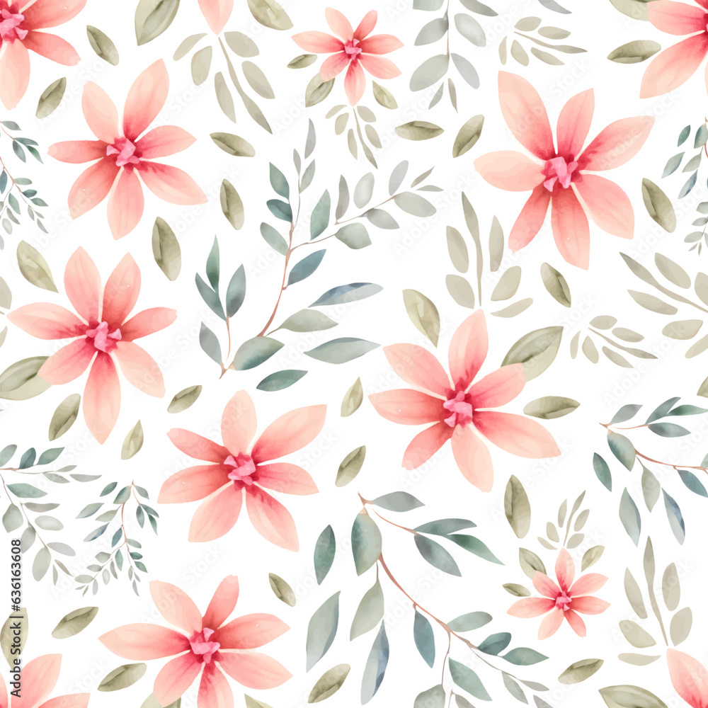 Seamless pattern pink watercolor flowers isolated on white background