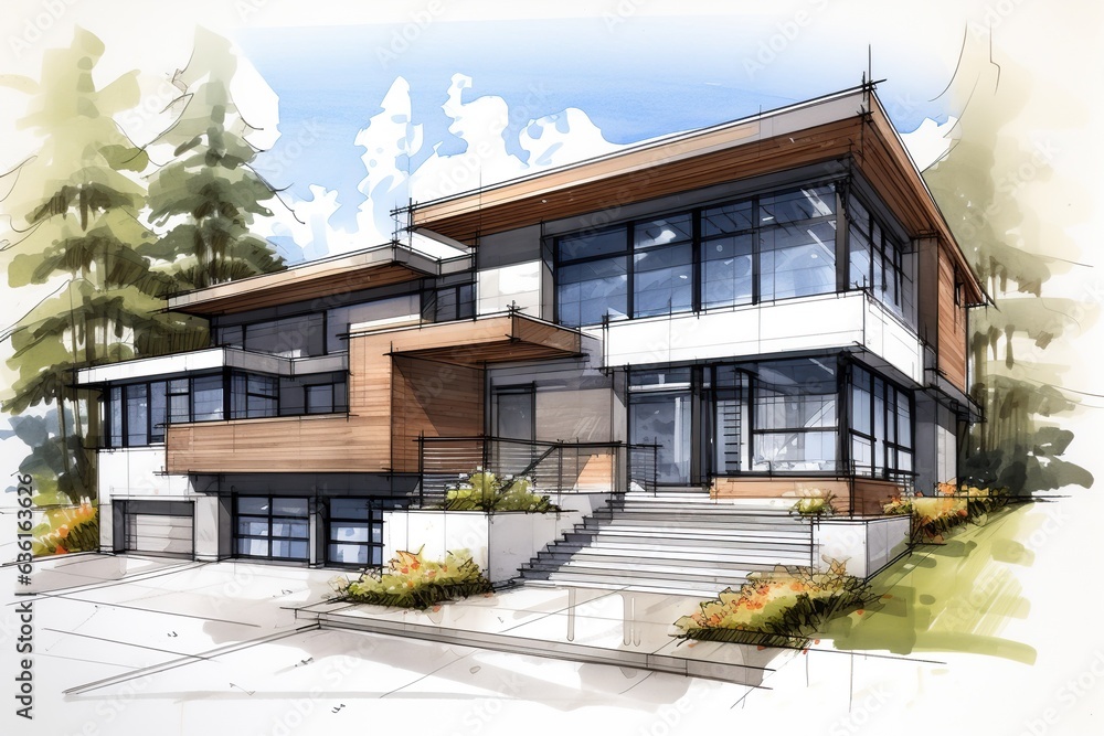 Sketch a modern home design that combines sleek lines, large windows, and open spaces. Embrace minimalist aesthetics while integrating innovative technology for smart living.Generated with AI