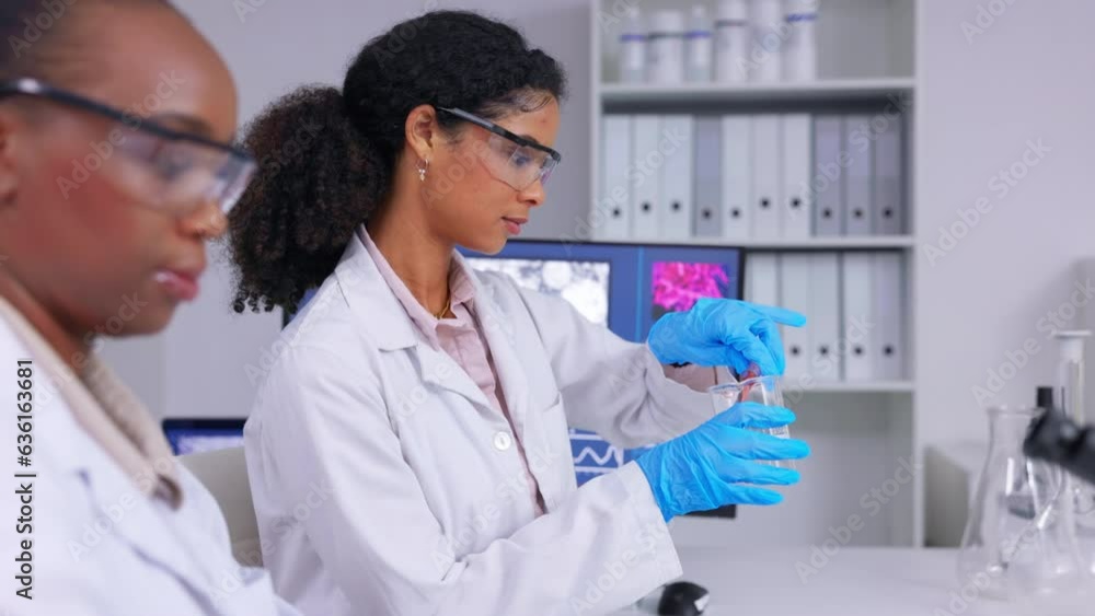 Laboratory, test tube and scientist women with working, research and medical study in hospital. Working, collaboration and science investigation in a lab with a woman worker and chemistry experiment Laboratory, test tube and scientist women with working, research and medical study in hospital. Working, collaboration and science investigation in a lab with a woman worker and chemistry experiment
