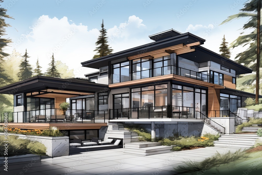 Sketch a modern home design that combines sleek lines, large windows, and open spaces. Embrace minimalist aesthetics while integrating innovative technology for smart living.Generated with AI Sketch a modern home design that combines sleek lines, large windows, and open spaces. Embrace minimalist aesthetics while integrating innovative technology for smart living.Generated with AI
