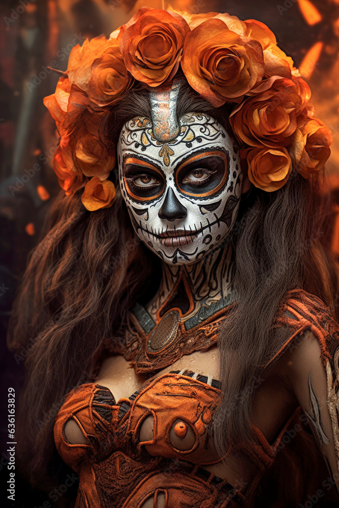 Generative AI illustration of a beautiful Mexican woman made up for the day of the dead Generative AI illustration of a beautiful Mexican woman made up for the day of the dead