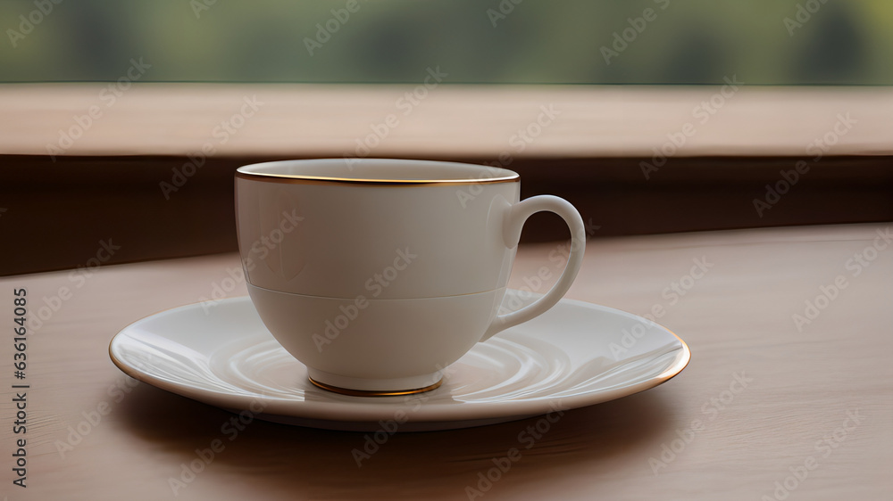 White Ceramic Coffee Cup Resting on Wooden Table, Awaiting the Day's Sip White Ceramic Coffee Cup Resting on Wooden Table, Awaiting the Day's Sip