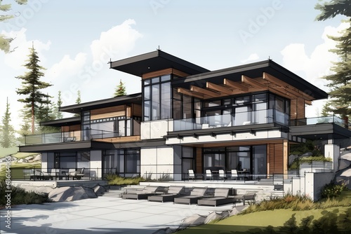 Sketch a modern home design that combines sleek lines  large windows  and open spaces. Embrace minimalist aesthetics while integrating innovative technology for smart living.Generated with AI