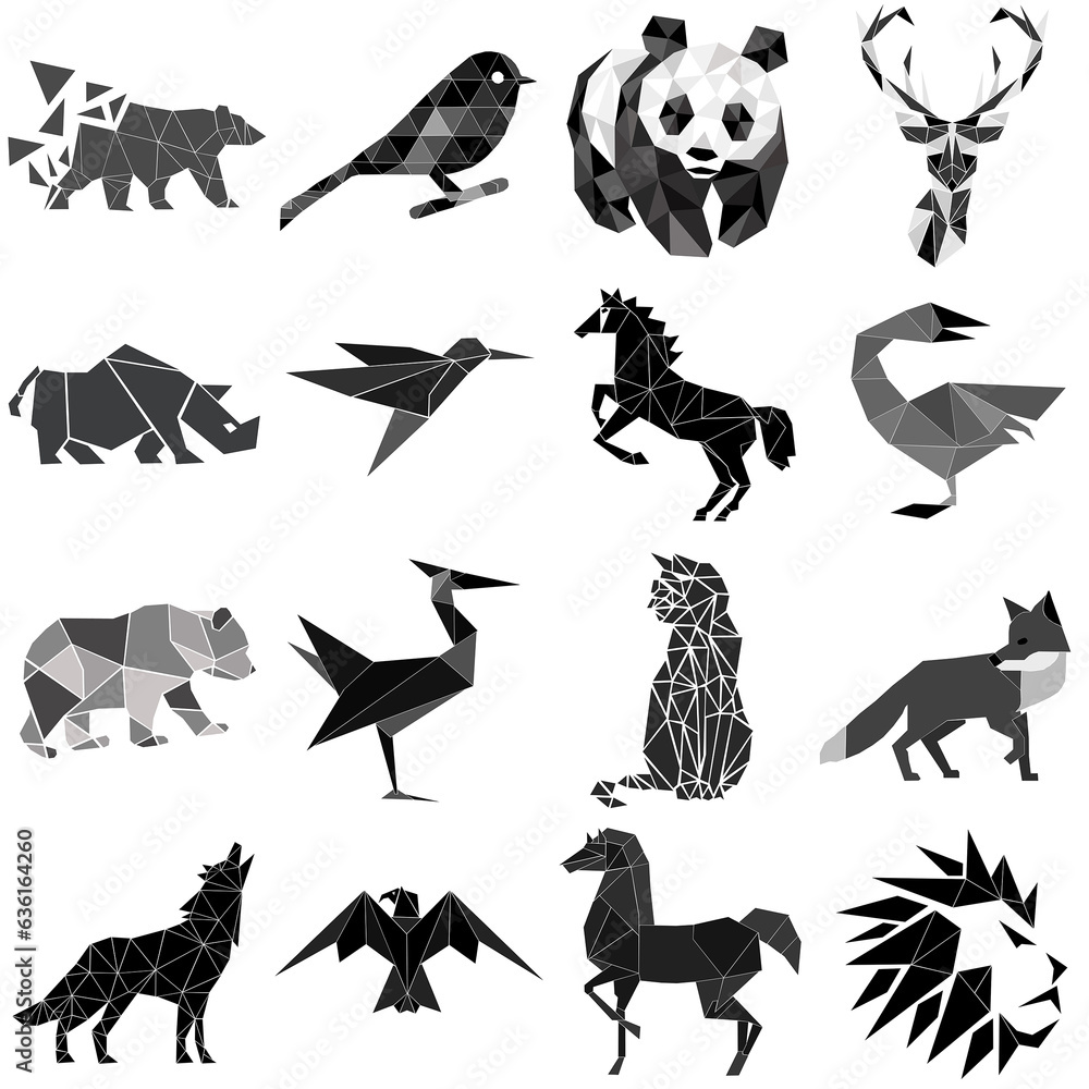 Set, mix illustration with animals from threesomes , graphic, picture, black and white, panda , bear, bird, fox, deer.