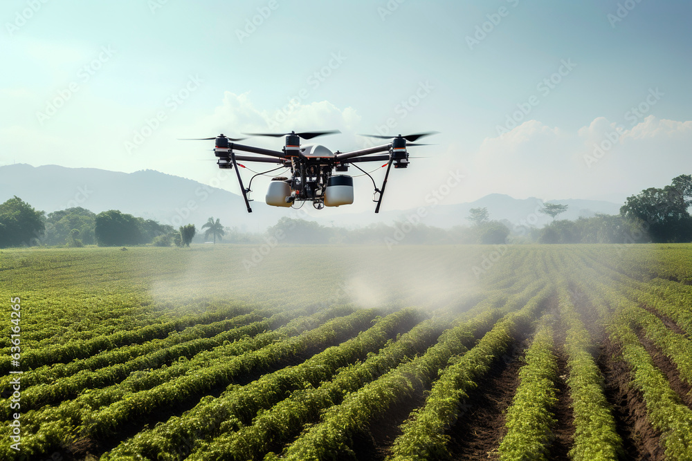 Generative Ai illustration of Drone flying and spraying crop fields with ecological and sustainable pesticides Generative Ai illustration of Drone flying and spraying crop fields with ecological and sustainable pesticides