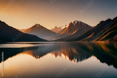 A calm lake reflecting the vibrant colors of a mountain sunset