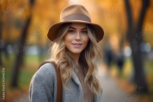 Portrait of young woman walking in autumn park, Happy attractive young woman in a stylish hat and warm clothes smiling and walking in nature in an autumn park in autumn
