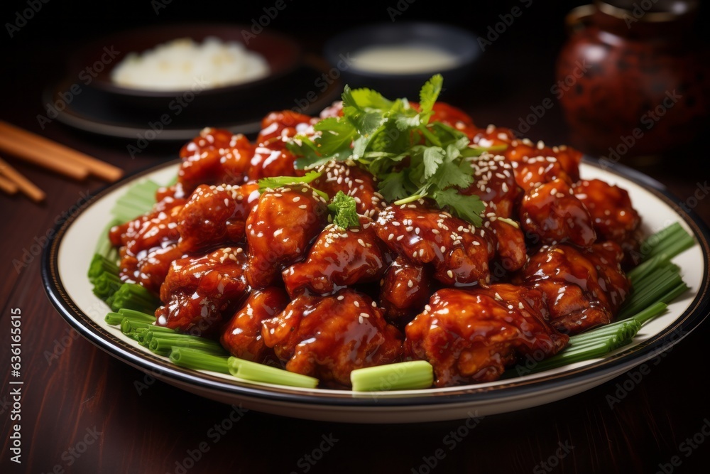 Delectable Plate of General Tso's Chicken with a Sweet and Tangy Glaze, Generative AI