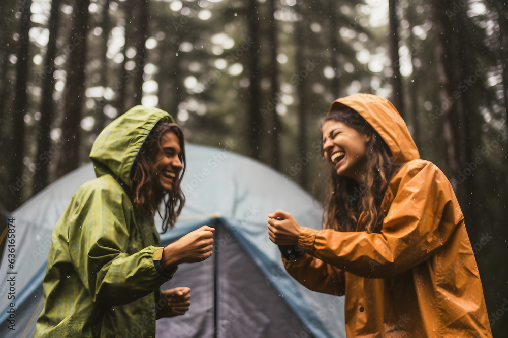 Two campers dancing together outside their tent in the rain