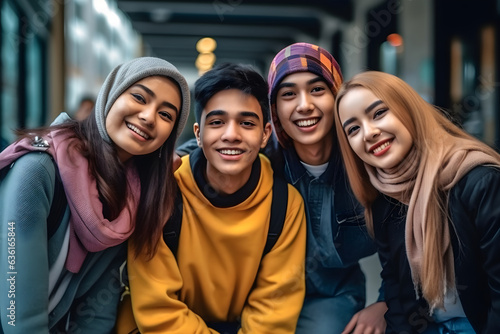 Group of multiracial best friends smiling at camera outdoors, Friendship concept with guys and girls hanging out on city street