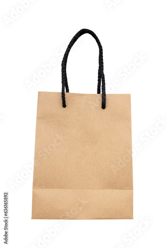 Brown Paper Bag with Black Rope Handle Isolated Transparent Png Background.