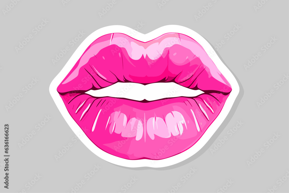 Glossy colored and sexy pink lips. Vector illustration isolated on white background. Hot girl kiss sticker lips with pink lipstick glamour barbie style
