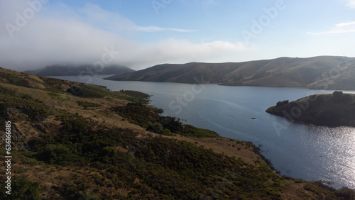 Aerial View of Whale Rock Reservoir in Fog  Cayucos  San Luis Obispo County