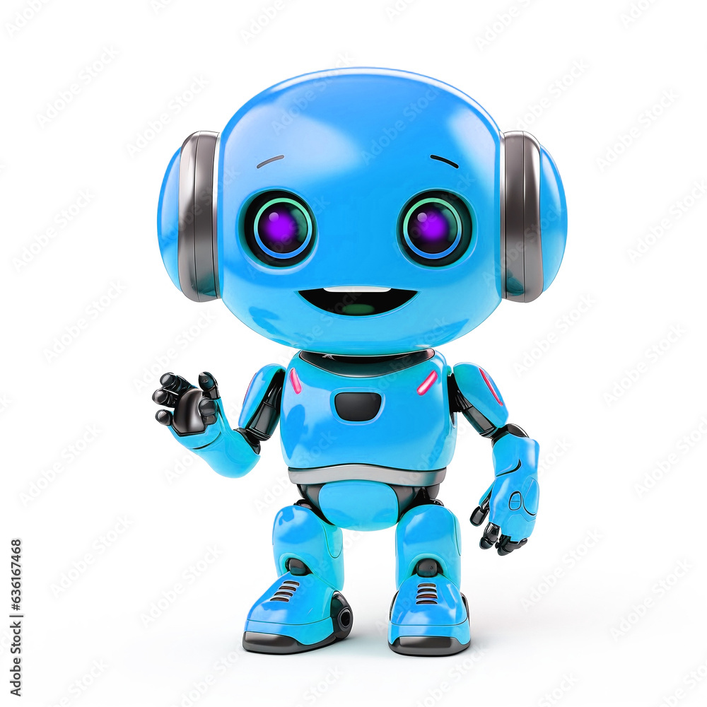 Colorful android robot raising hand in greeting on transparent background, future robot technology concept.