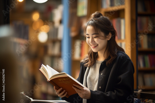 young smiling female student reading book at book store
