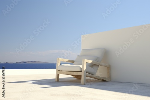 Modern benches are on the sandy floor against a tropical Mediterranean architectural backdrop against a blue sky.