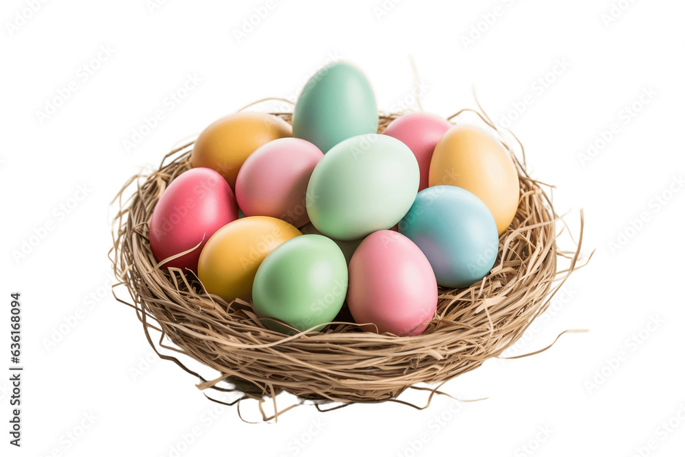Beautiful Easter Eggs in Basket on transparent Background, Generative Ai