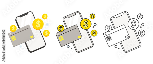 スマホとクレジットカードとドルマーク アイコンセット ベクターイラスト