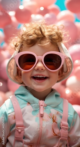 Concept of pink barbie girl wearing sunglasses and swimming suit in pool, summer birthday portrait © aboutmomentsimages