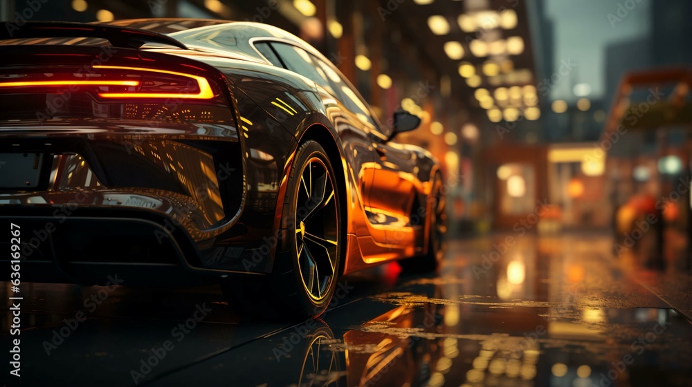 The car is parked on the side of the road at sunset. The concept of transport parking in a big city. AI generated The car is parked on the side of the road at sunset. The concept of transport parking in a big city. AI generated