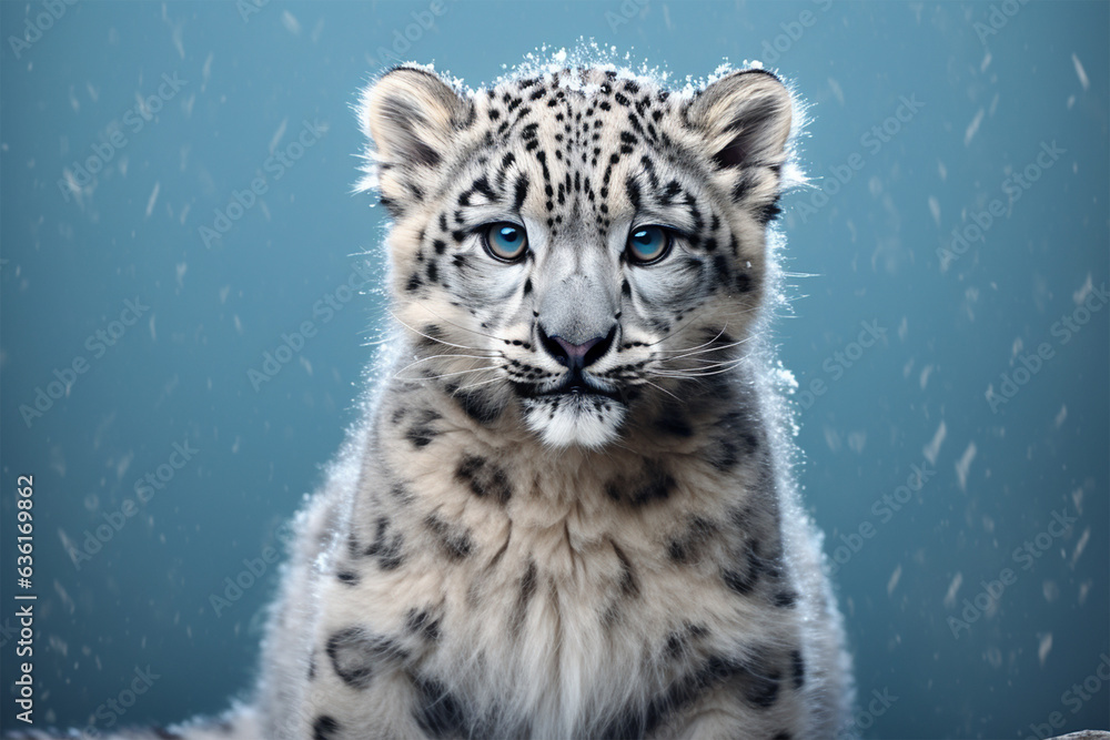 Close-up Portrait of Snow Leopard in Snow