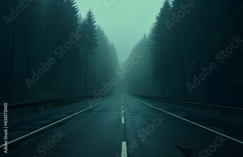 fog on the road in a foggy woods