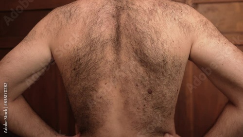 Close-up of a naked man's back covered with thick black hair. Excessive hairiness of men. 4K
