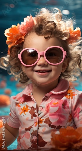 Portrait of pink barbie girl wearing sunglasses and swimming suit in pool, summer birthday portrait with balloons background..