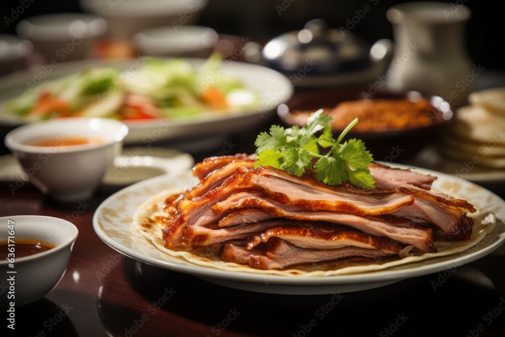Classic Peking Duck Dish with Crispy Skin and Soft Pancakes, Generative AI Classic Peking Duck Dish with Crispy Skin and Soft Pancakes, Generative AI