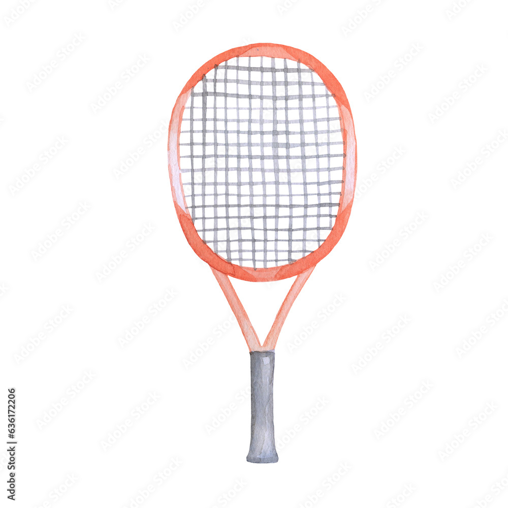 Watercolor tennis racket illustration isolated on white.