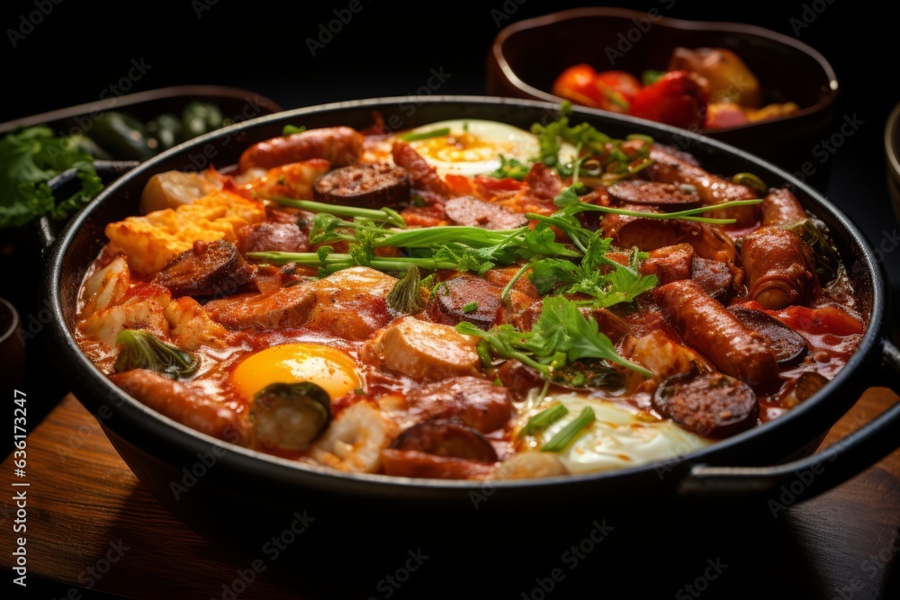 Bubbling Pot of Spicy and Savory Budae Jjigae (Army Stew) Filled with Sausages, Spam, and Vegetables, Generative AI