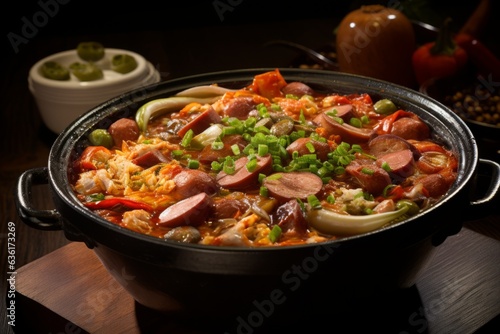 Bubbling Pot of Spicy and Savory Budae Jjigae (Army Stew) Filled with Sausages, Spam, and Vegetables, Generative AI