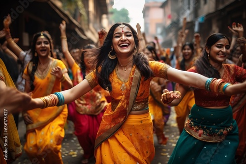 Fotobehang Indian women dancing on the streets in traditional dresses