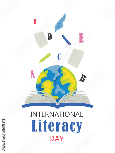 International Literacy Day illustration of open book with alphabet letters and earth.
