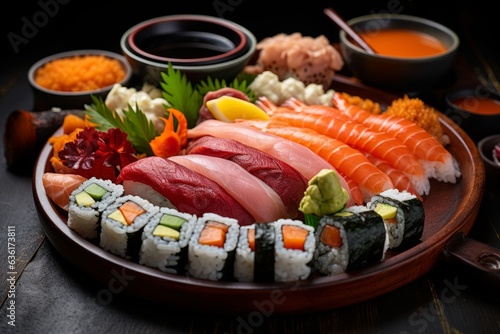 Beautifully Arranged Sushi Platter with an Assortment of Nigiri and Maki Rolls, Generative AI