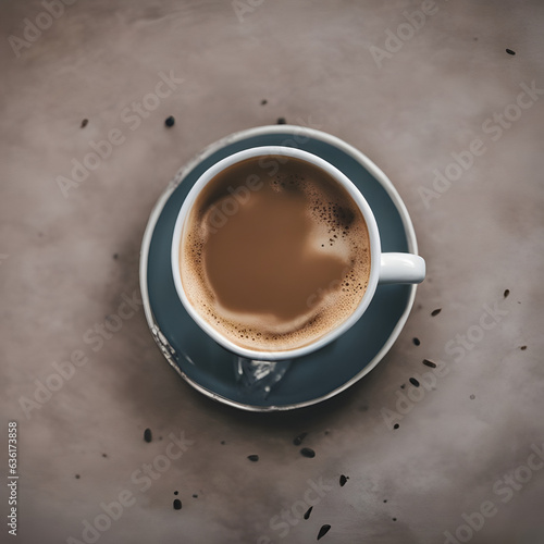 Kaffeetasse mit Kaffee, dekoriert mit Kaffeebohnen vor unterschiedlichen Hintergründen/Untergründen, dunkel