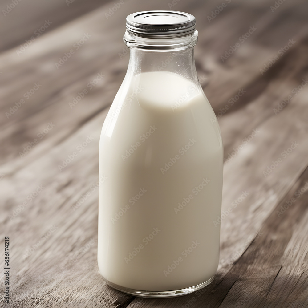 Milchflasche auf einem Holzuntergrund Milchflasche auf einem Holzuntergrund