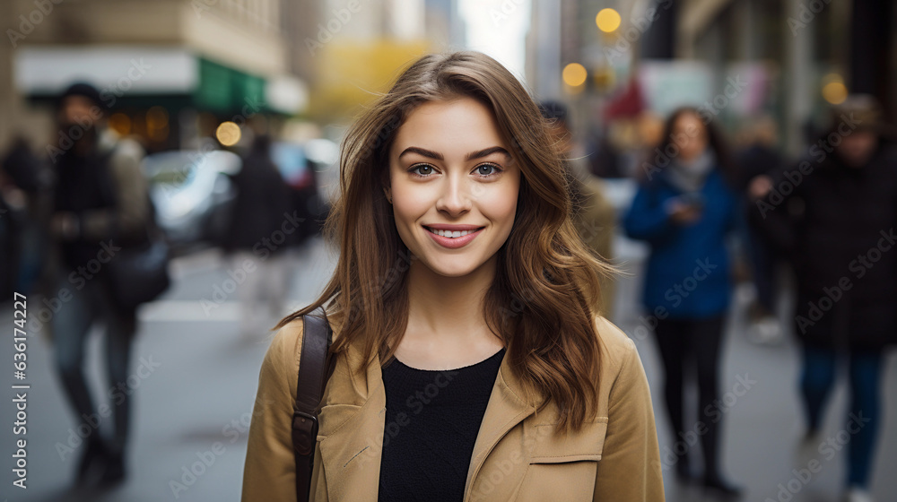 Young female journalist standing and smiling in a sidewalk in new-york. city Young female journalist standing and smiling in a sidewalk in new-york. city